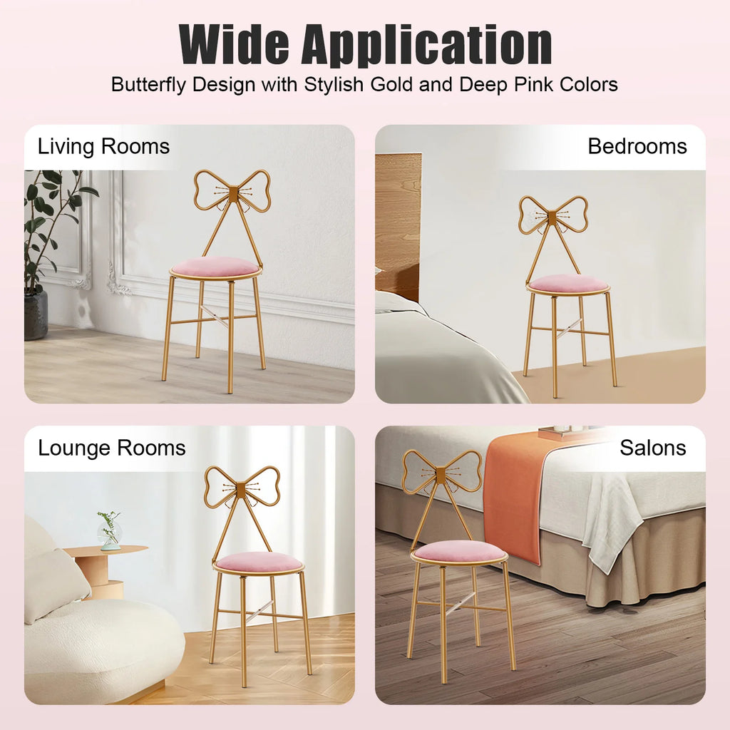 Deep Pink Makeup and Dressing Chair with Bow Shaped Backrest for Restaurants, Nail Salons/Parties