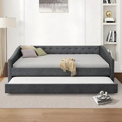 Full-Size Tufted Daybed with Waved Arm Piping and Trundle for Bedroom and Guest Spaces