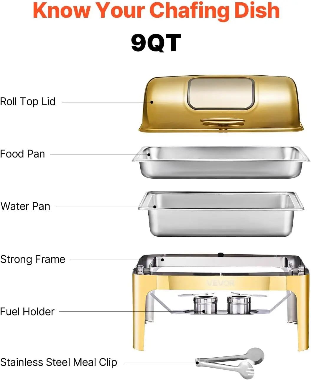 Roll Top Chafing Dish Buffet Complete Set, 9 Qt Stainless Steel Chafer with Full Size Pan, Rectangle Catering Warmer Server