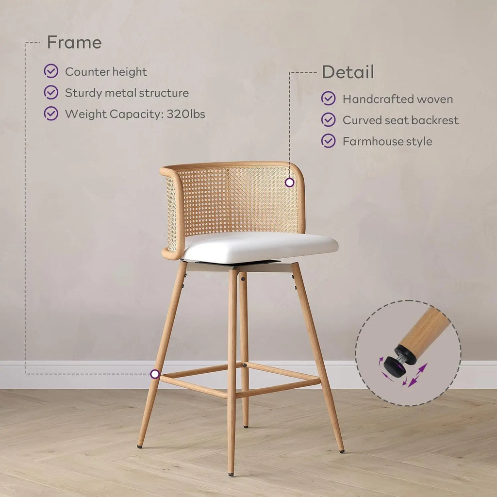 NEW Swivel Rattan Bar Stools Set of 2, 26” Counter Height Stools with Natural Rattan Woven Back and Faux Leather Seat