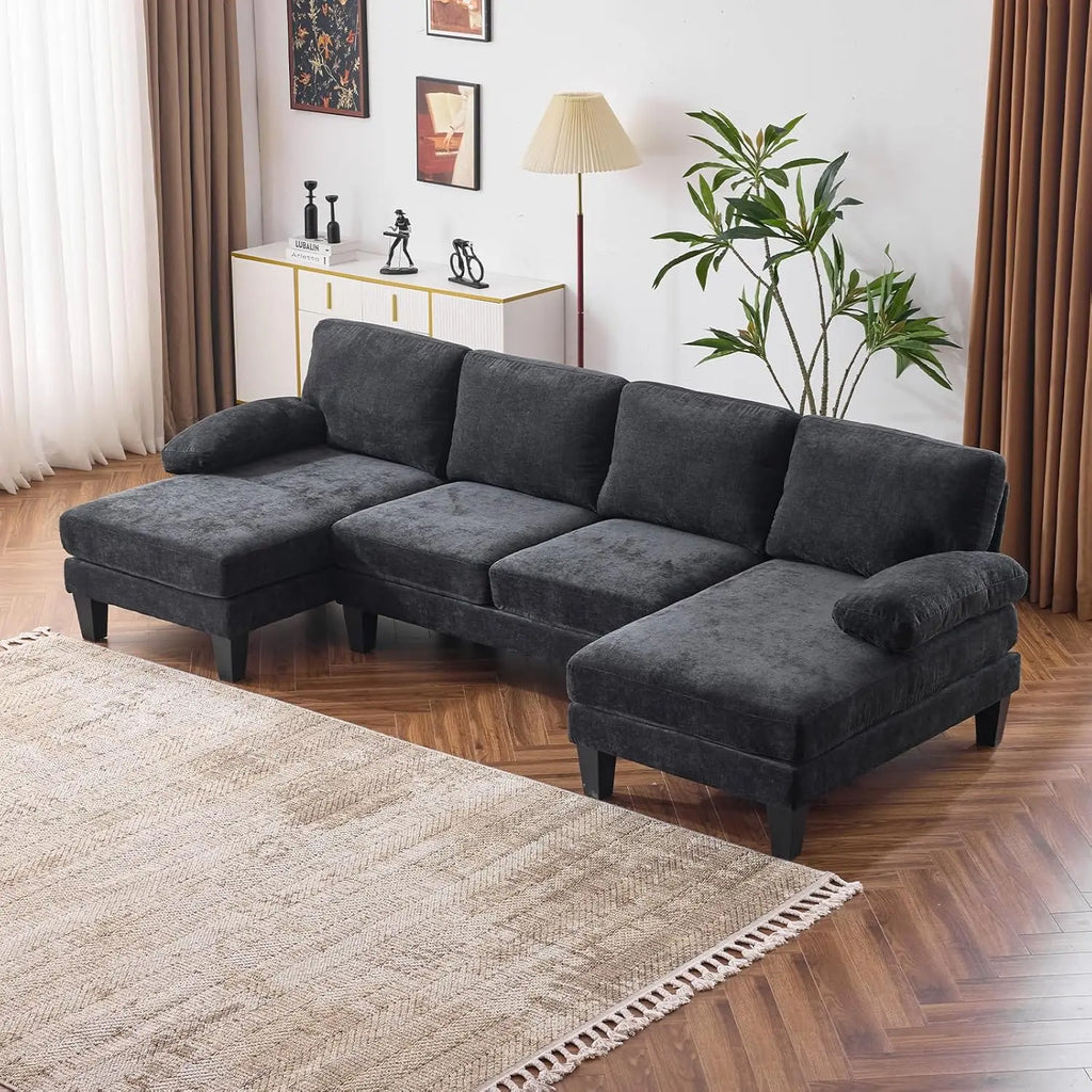 110" Sectional Couches for Living Room, U- Shaped Couch with Double Chaise, 4-Seat Sofa Set with Chenille Fabric for Home Furniture