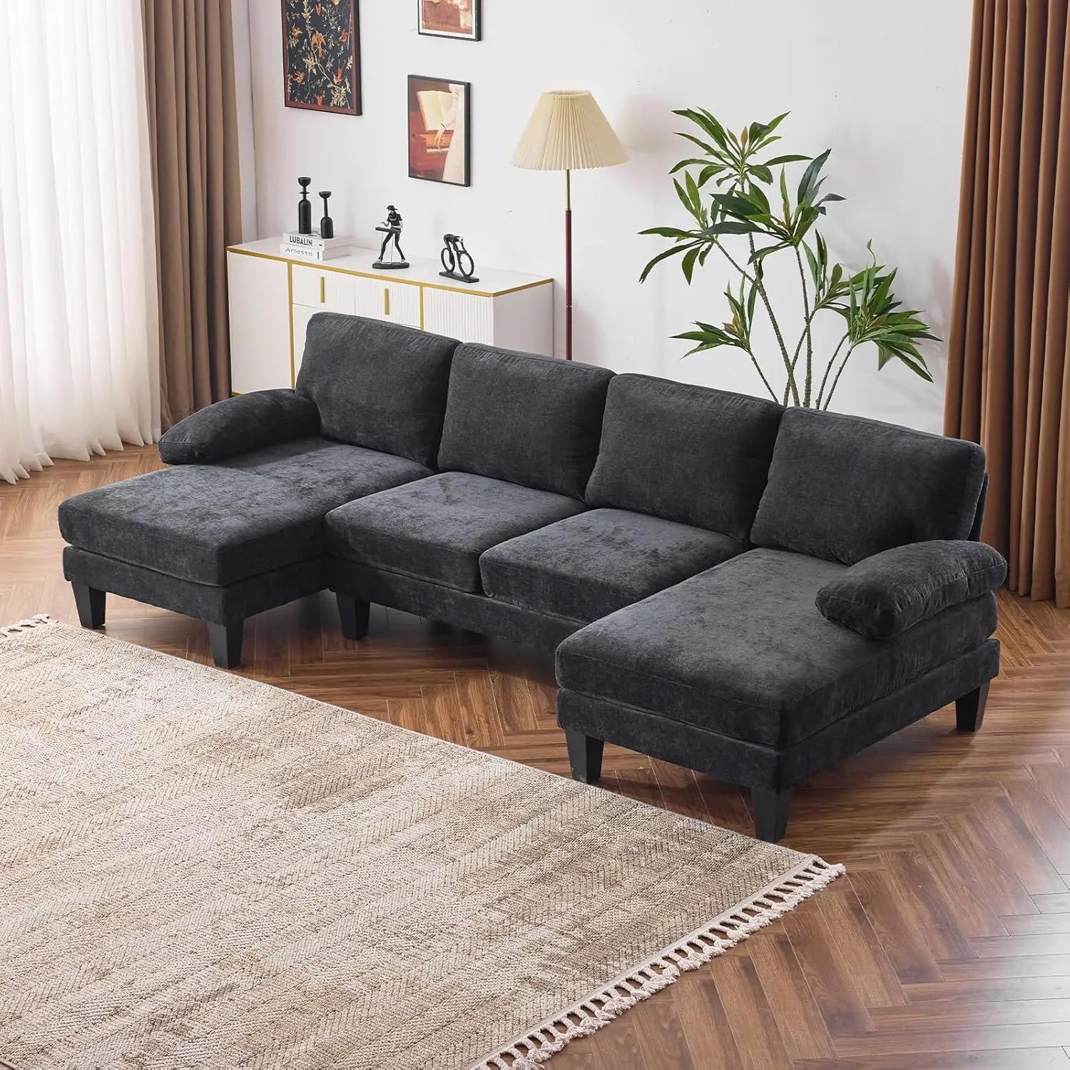 110" Sectional Couches for Living Room, U- Shaped Couch with Double Chaise, 4-Seat Sofa Set with Chenille Fabric for Home Furniture