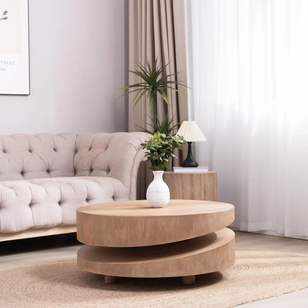 Round Coffee Table For Living Room, Accent Wood Center Table, Natural