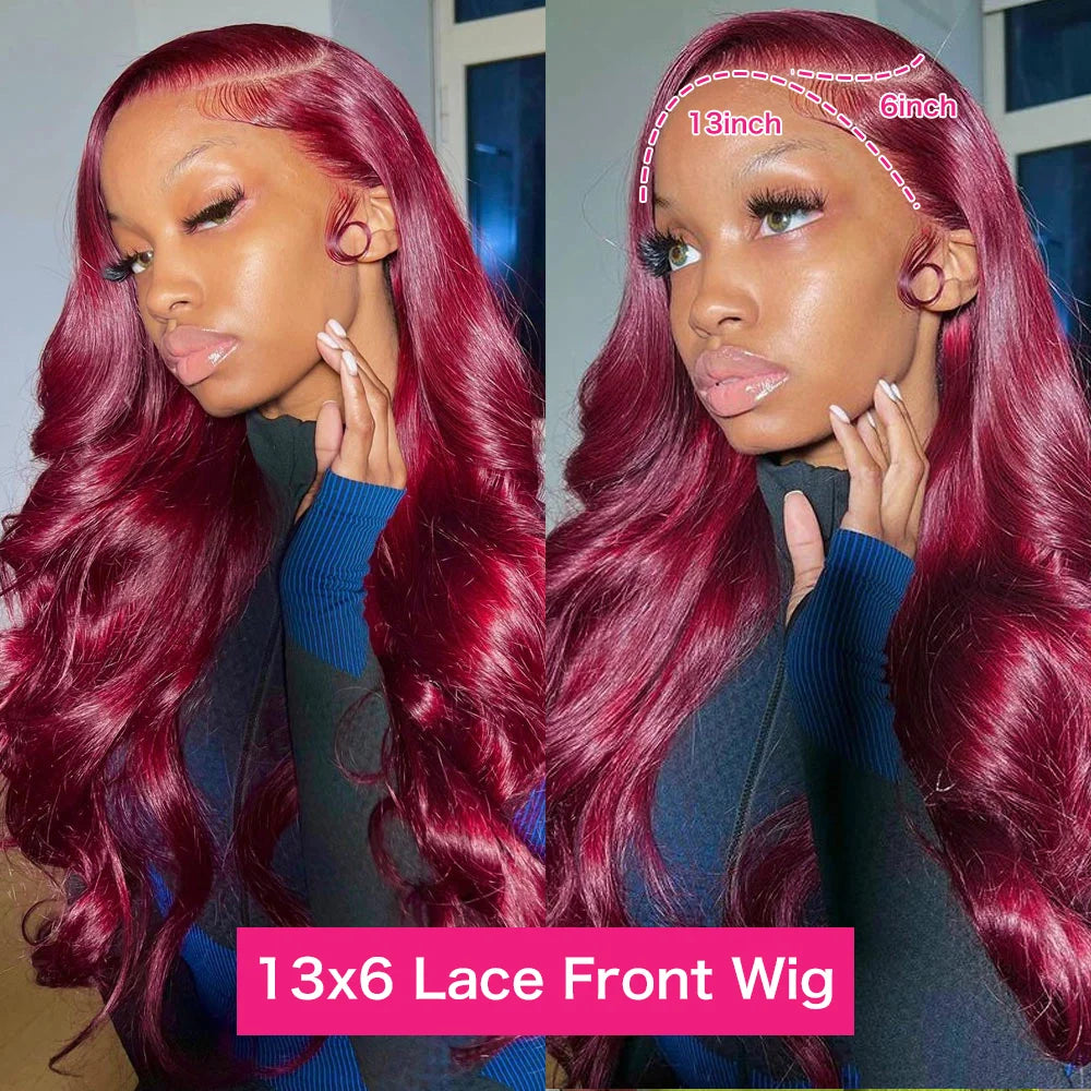 30 inch 99J Burgundy Lace Front Wigs Human Hair 13x6 Body Wave/ Lace Front Wigs/ Wine Red Lace Front Wig /180% Density