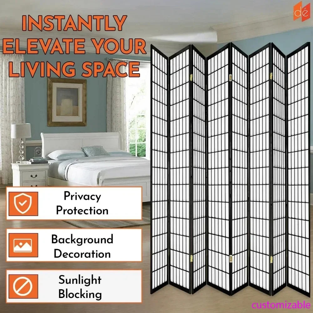 8 Panels Room Divider Privacy Screen Partition Shoji Style Black Finish 71" High x 140" Wide