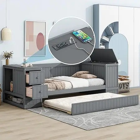 Gray Wood Twin Daybed with Trundle, Storage Arms, and Charging Station for Bedroom