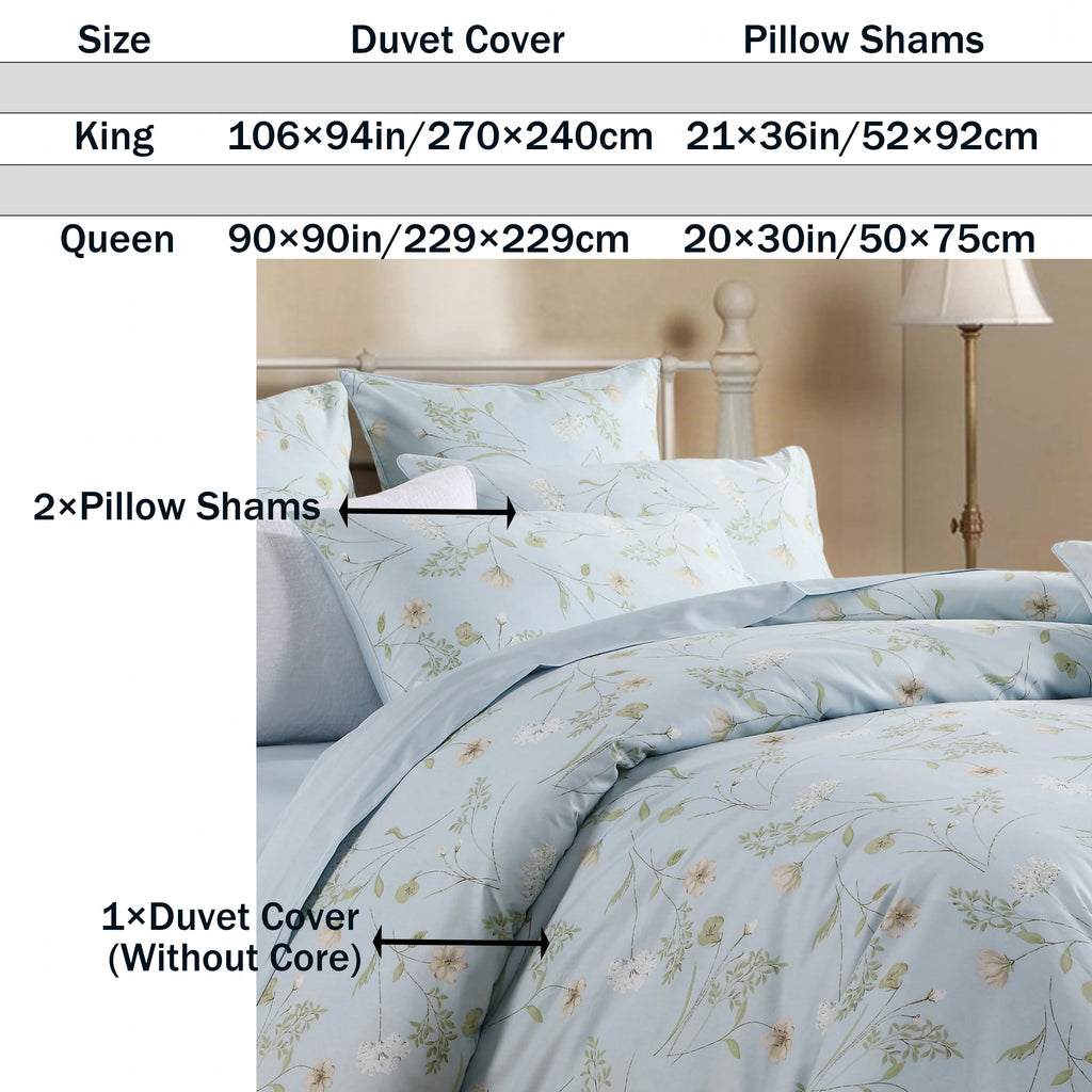 3pcs 600TC 100% Egyptian Cotton Duvet Cover Set, Light Blue Shabby Chic Floral, Soft Skin-Friendly