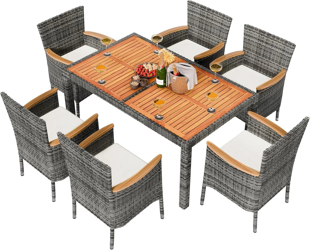 7-Piece Wicker Outdoor Dining Set with Wooden Table and Cushioned Chairs