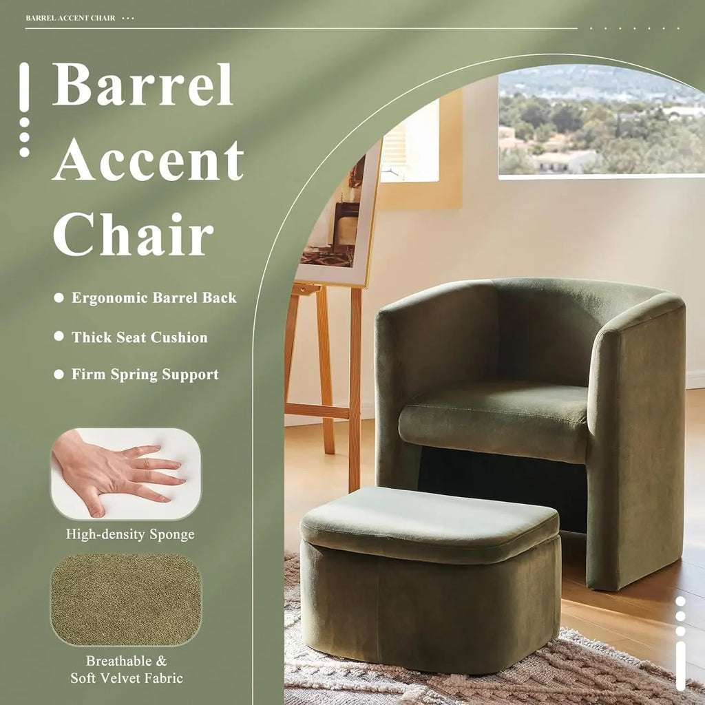 Upholstered Velvet Barrel Accent Chair with Storage Ottoman