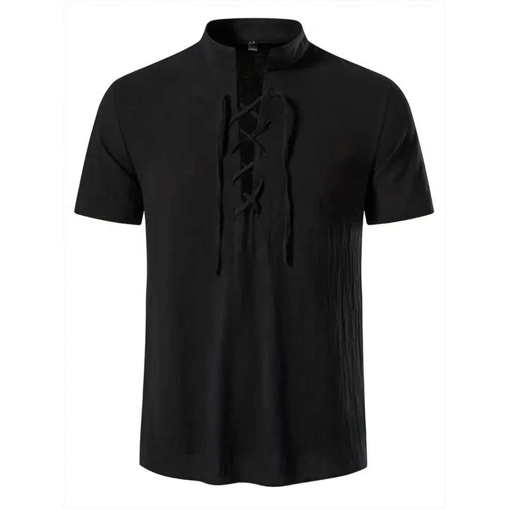 Men's Retro Shirt Short Sleeve Cotton Linen Lightweight Breathable Solid Color Fashion Tops Pirate V-neck Male Stylish Shirt