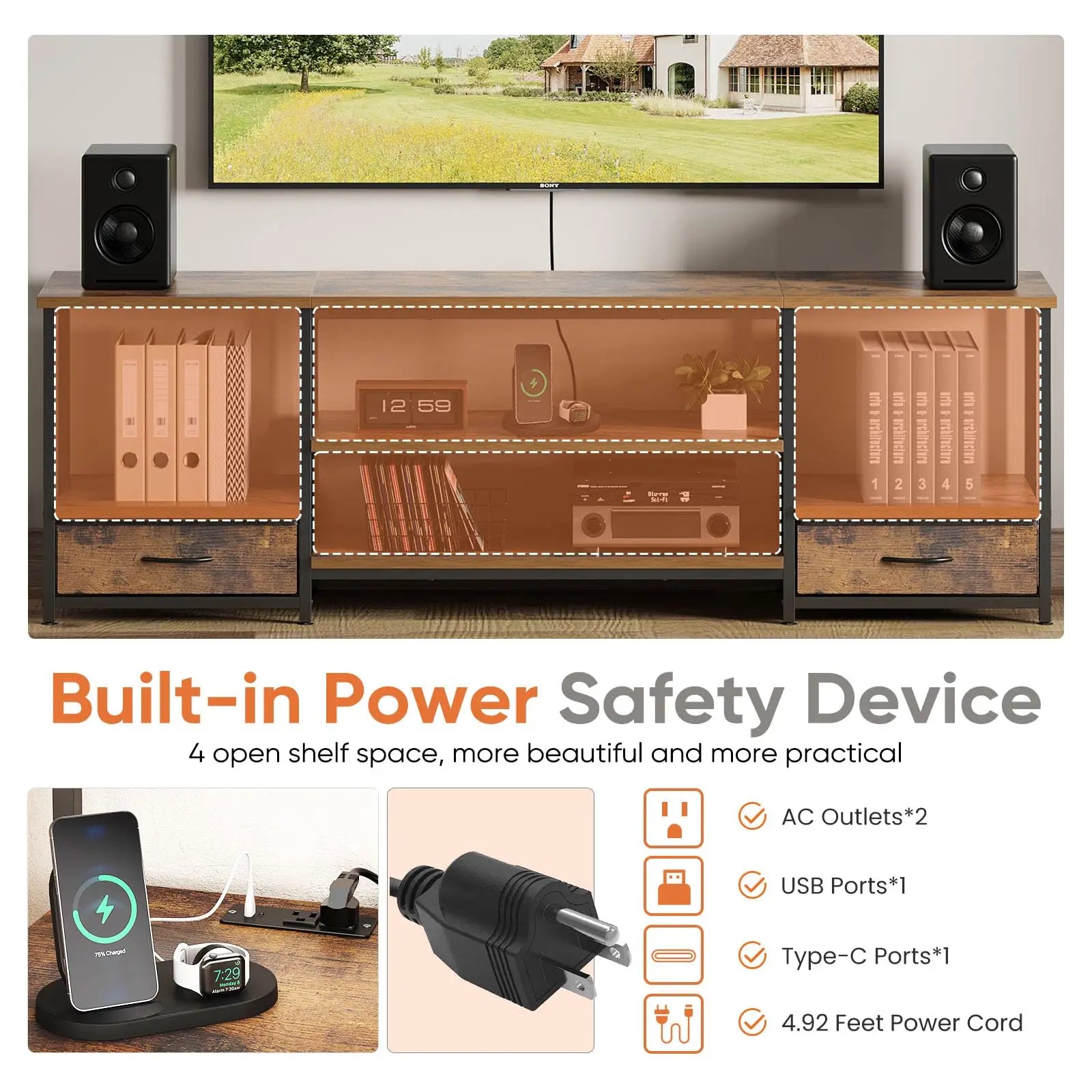 63 IN Wooden TV Stand For Up To 75 Inch TV/ Entertainment Center For Living Room/Media Console Adjustable Shelf 2 Storage