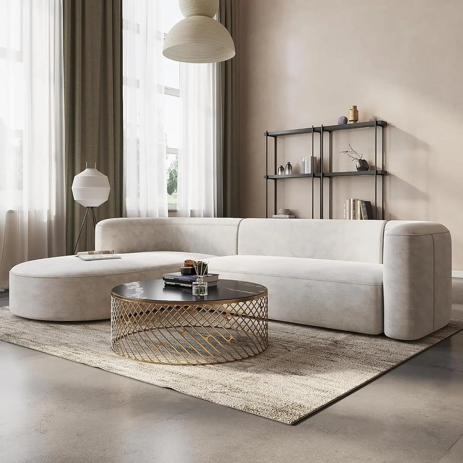 Luxury Modern Tight Curved Back Velvet Sofa, Minimalist Style/ Comfy Couch for Living Room/ Apartment, L-Shaped Sectional with Chaise