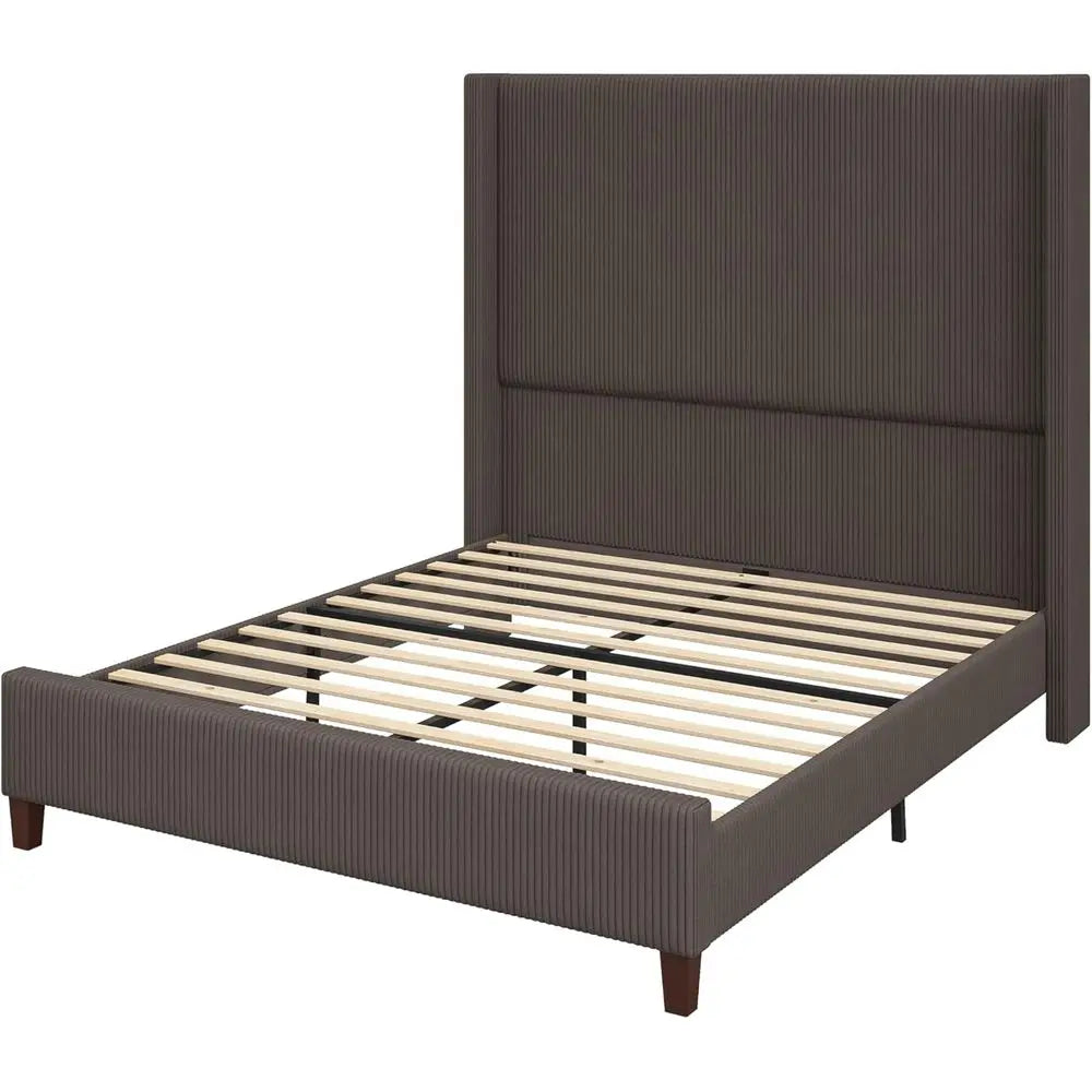 Chestnut 62 Corduroy Platform Bed Frame with Tall Wingback Headboard, No Box Spring Needed