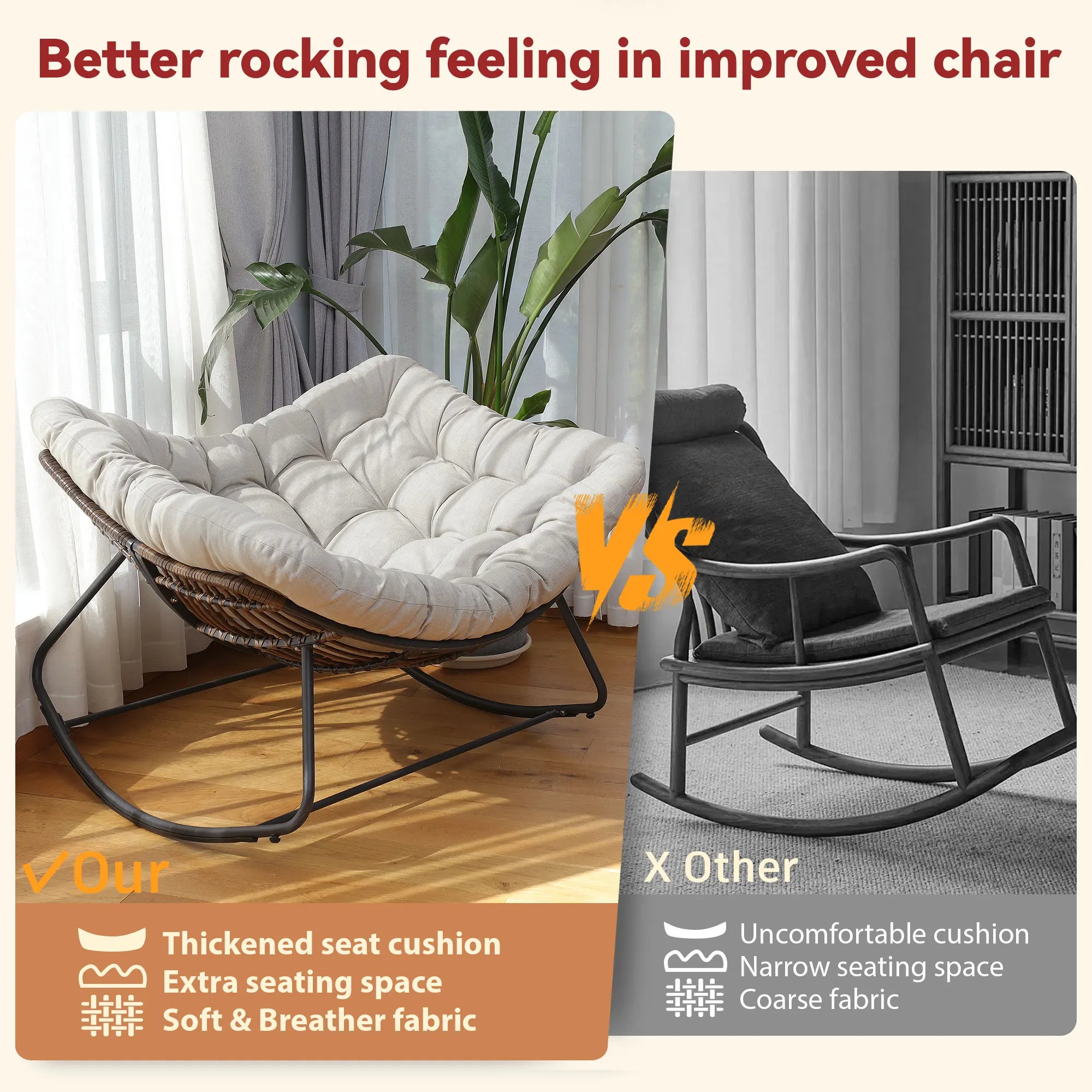 Outdoor Rocking Chair, Patio Wicker Egg Chair, Indoor Comfy Oversized Papasan Chair with Padded Cushion for Front Porch, Garden