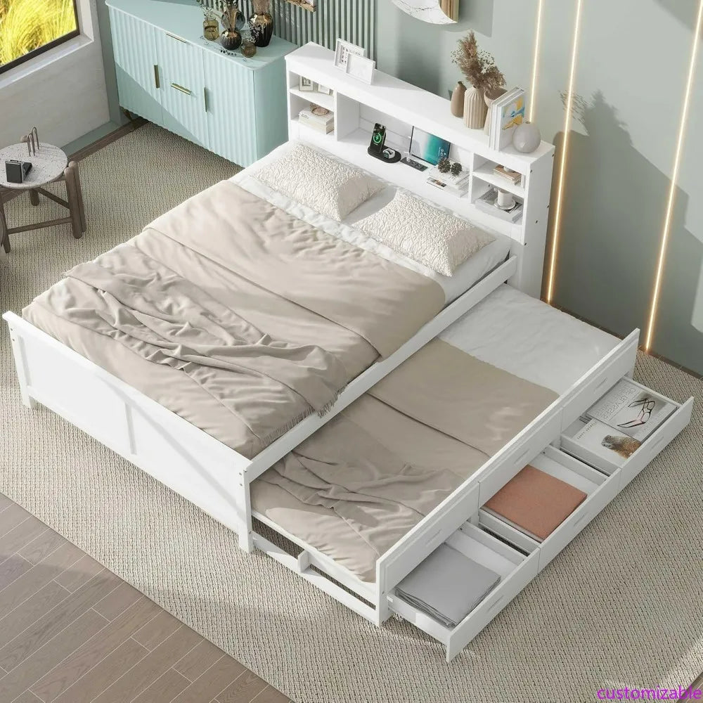 White Full Size Platform Bed with Storage, USB Ports, Wood Frame, Twin Trundle, and 3 Drawers