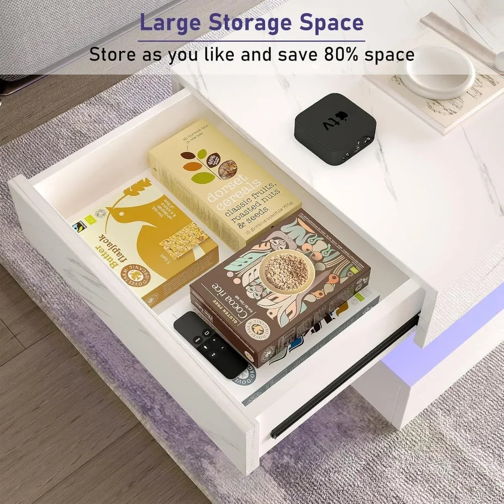 LED Coffee Table with Storage Drawers, Modern High Gloss Coffee Table  LED Lights,  Rectangle Center Table