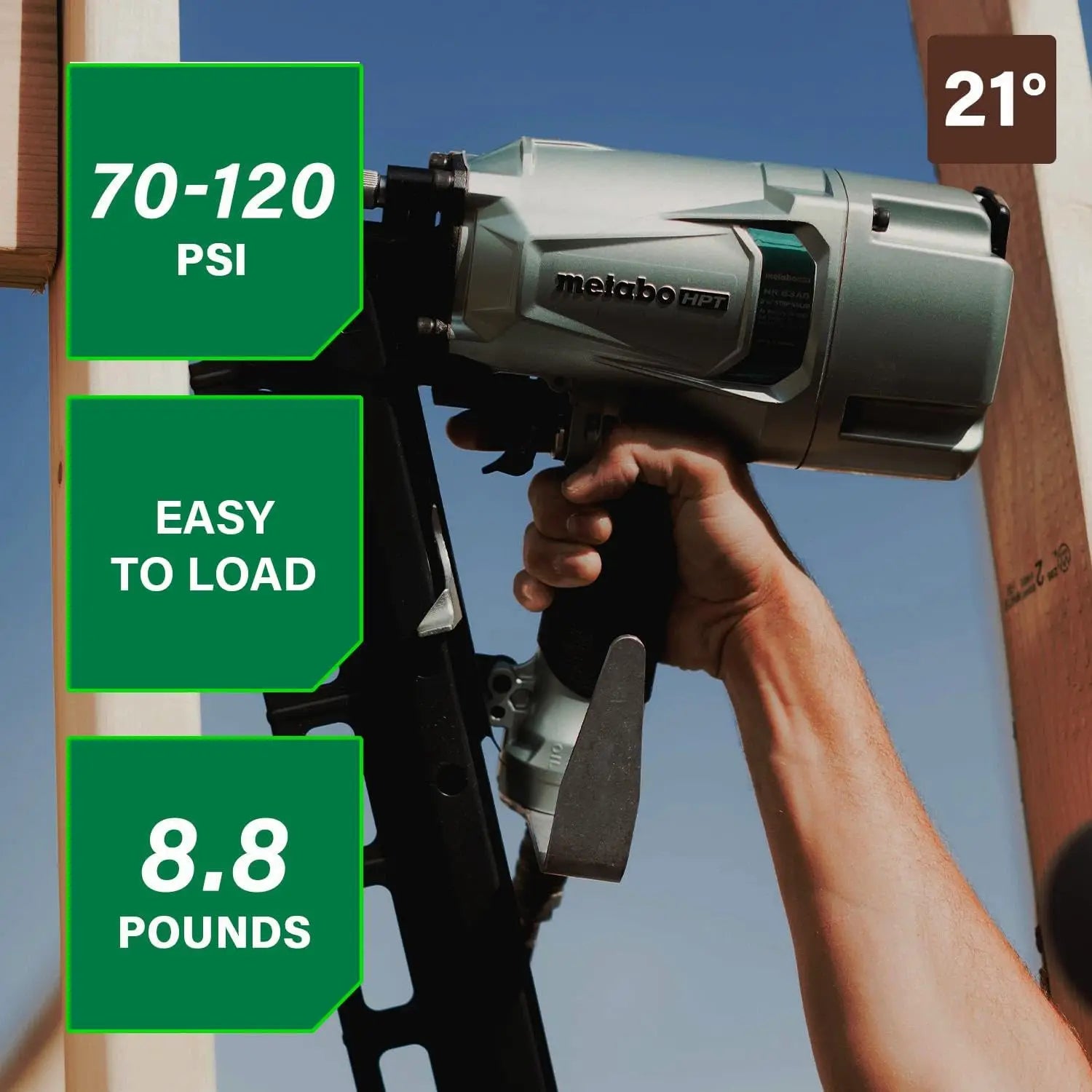 Professional Pneumatic Framing Nailer, 21° Plastic Collated Nails, Selectable Trigger & Rafter Hook for Flooring & Roof Decking