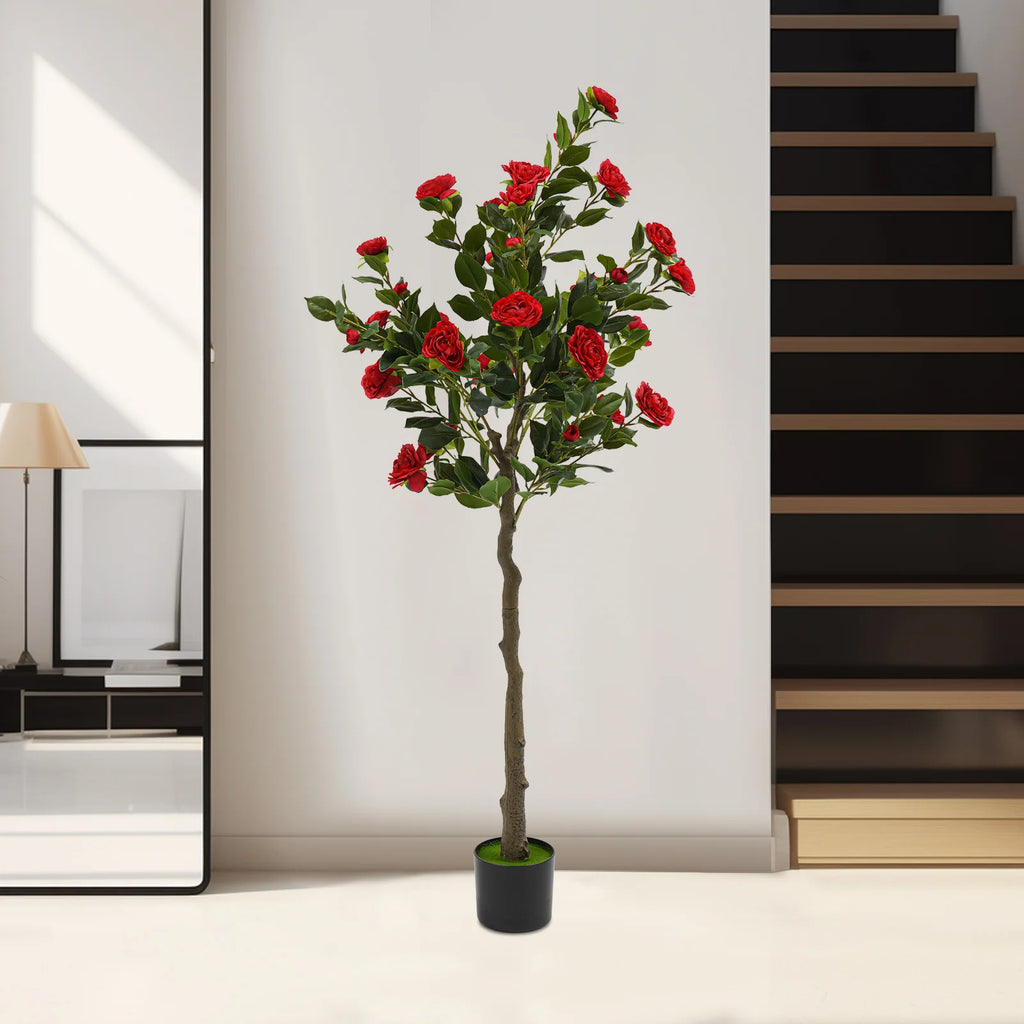 Simulated Tree Camellia Plant In Pot/ Lifelike Trunk/ Red Artificial Camellia Trees for Balconies/Shopping Malls/Exhibitions