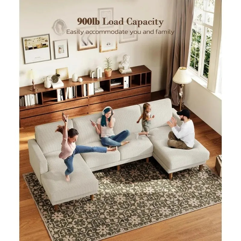 Beige U-Shaped Sectional Sofa with Chaises, Corduroy Fabric, Living Room Furniture, Easy Assembly, 4-Seat Loveseat