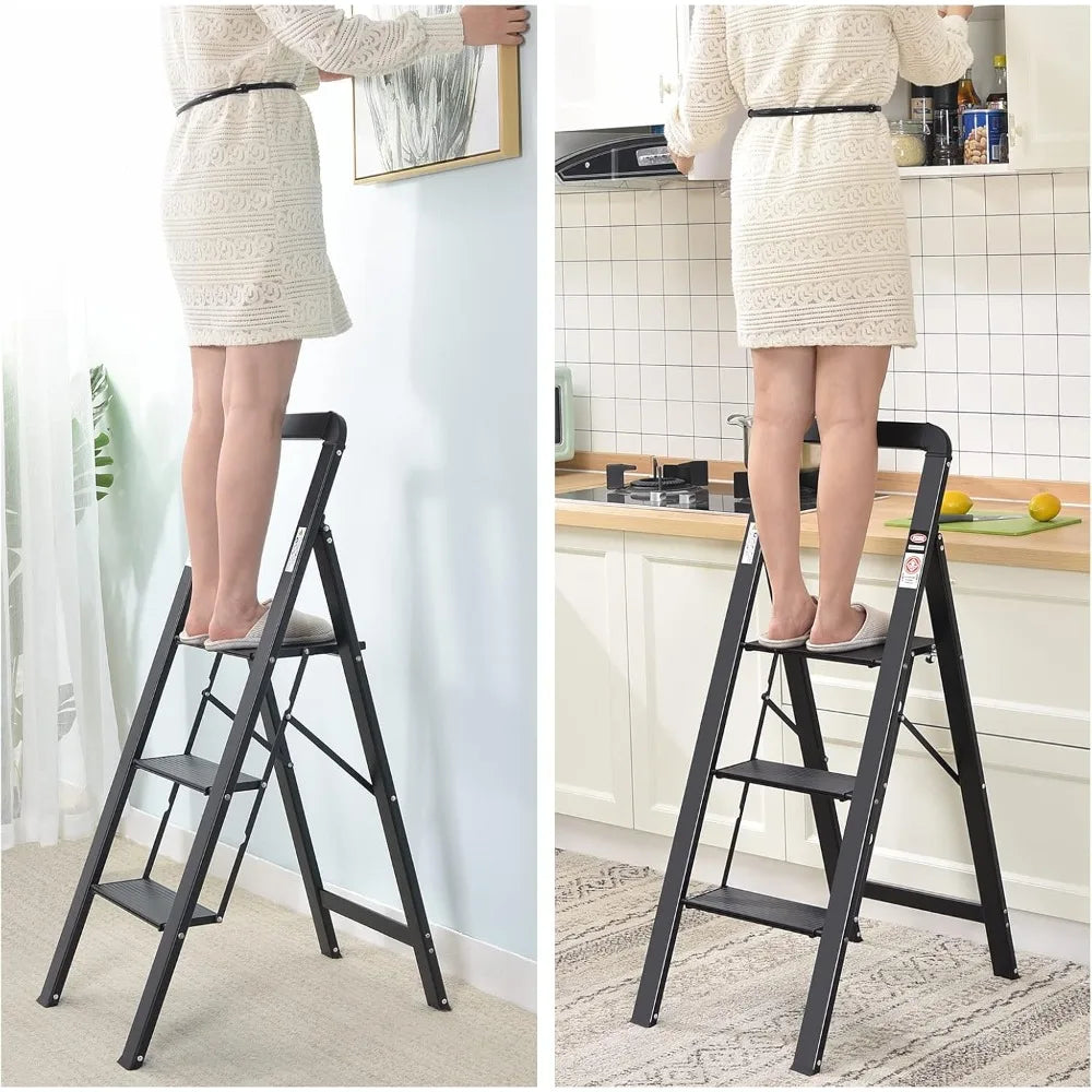 Customizable-Aluminum 3 Step Ladder, Lightweight Step Stool With Non-Slip Pedals, Handrail, 330 LBS Foldable Step Ladder
