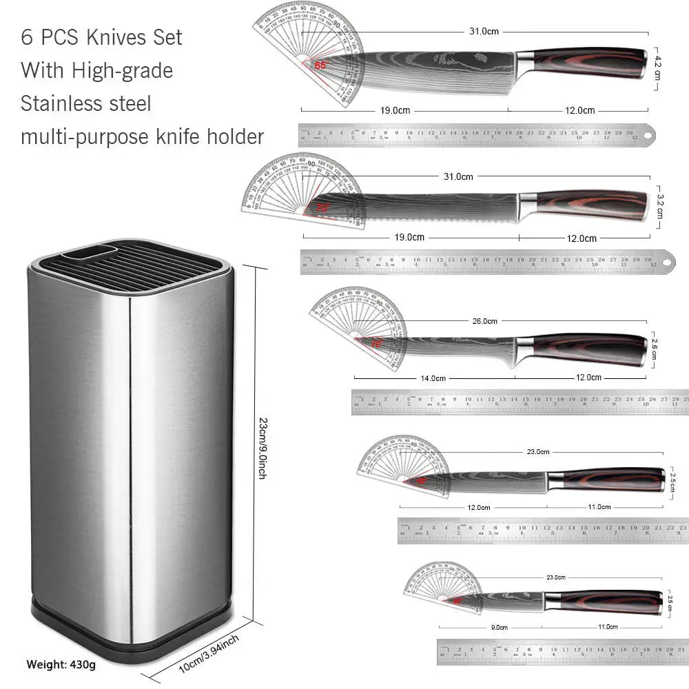 Kitchen Knife 6PCS Set Stainless Steel,Includes Chef's Knife, Bread, Boning Knife,Fruit Knife, with Stainless Steel Knife Holder