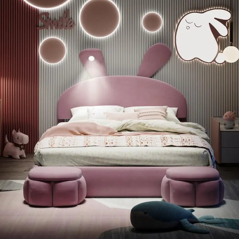 Full Size Upholstered Platform Bed with Cartoon Ear Headboard and Light, Pink Color