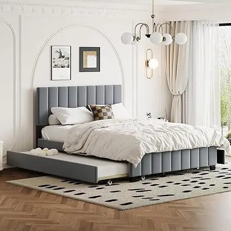 Queen Upholstered Platform Bed with Storage Drawers and Twin XL Trundle, Wooden Bed Frame, No Box Spring Needed