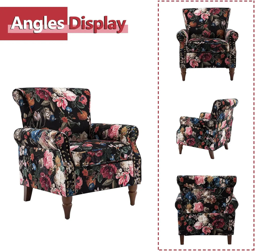 Modern Wingback Accent Chair with Wood Legs & Removable Cushion, Comfy Upholstered Armchair with Nail Head Trim