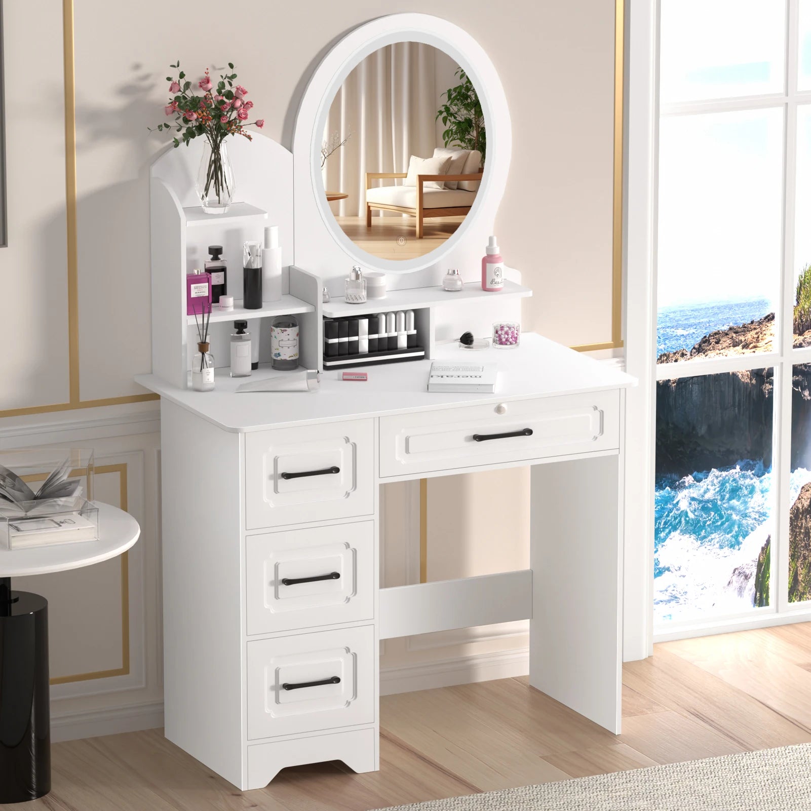 Modern Makeup Vanity Table with Mirror & Lights, Extra Storage Shelves, 4-Drawer Dressing Table, Cosmetic Desk with Organizer