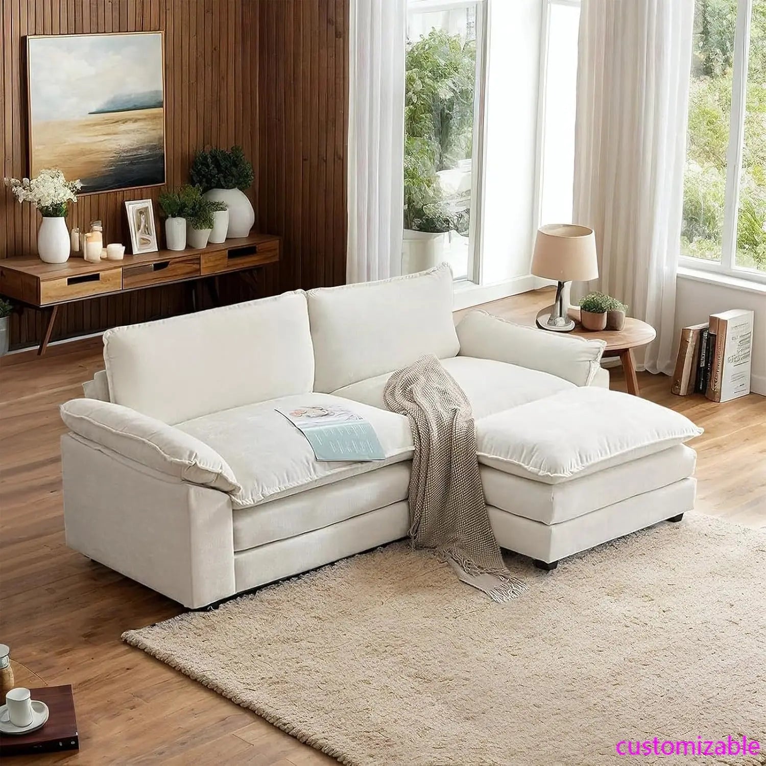 87" Convertible Sectional Sofa, L-Shaped Deep Seat Sofa Couch for Living Room, for Small Space (Creamy White)
