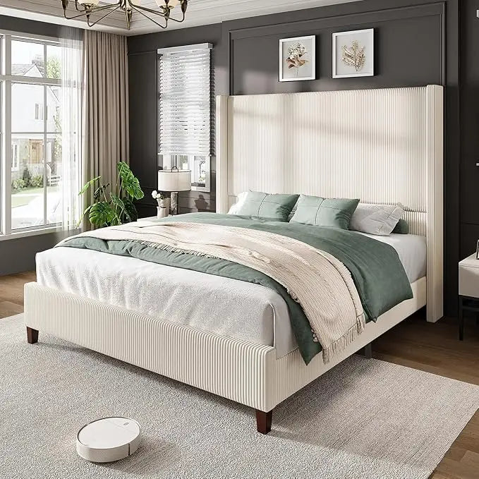 Chestnut 62 Corduroy Platform Bed Frame with Tall Wingback Headboard, No Box Spring Needed
