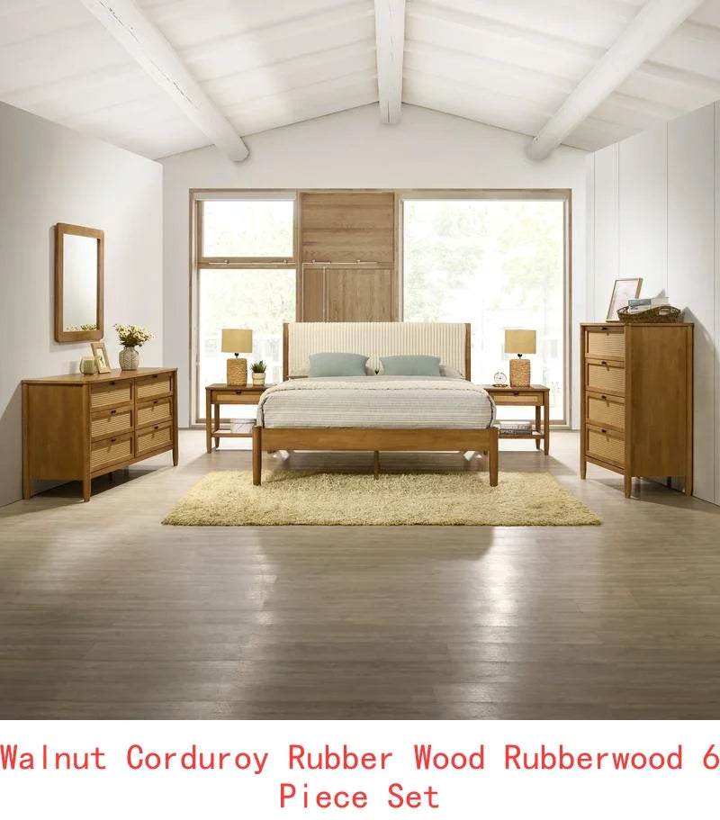 6-Piece Rubberwood Bedroom Set with Upholstered Queen Bed, Dresser, Mirror, 2 Nightstands, and Chest