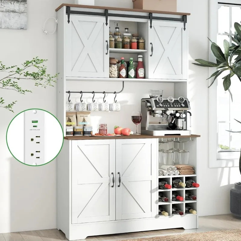 Kitchen Pantry Cabinet with Sliding Doors/ Microwave Storage/ Coffee Bar/ Adjustable Shelves/ Wine Rack/ Cup Hooks/ Farmhouse