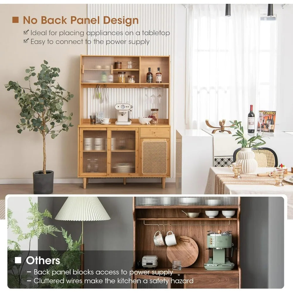 69-inch Bamboo Pantry Cabinet with Storage, Drawers, Microwave Stand, and Glass Holder - Freestanding Buffet Style