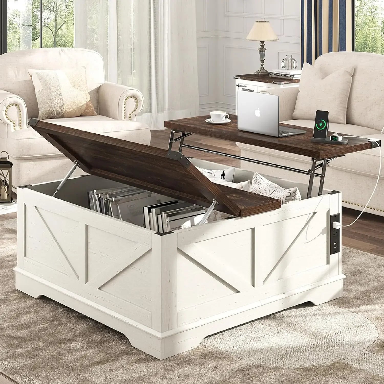 40” Large Farmhouse Lift Top Coffee Table with Power Outlets and Large Hidden Storage, Square Wood Living/Room Tables