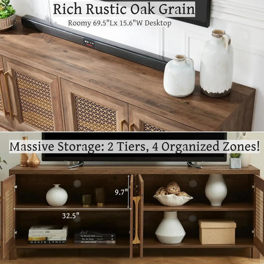 TV Stand for TVs Up to 75", 69.5" Rustic Oak Entertainment Center with 4 Gold Metal Mesh Doors