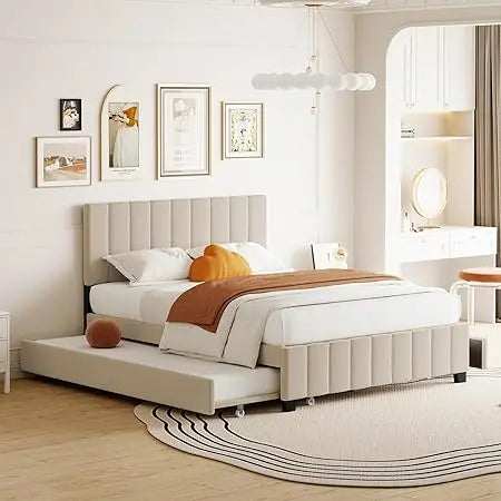Beige Queen Upholstered Platform Bed with Storage Drawers and Twin XL Trundle, No Box Spring Required