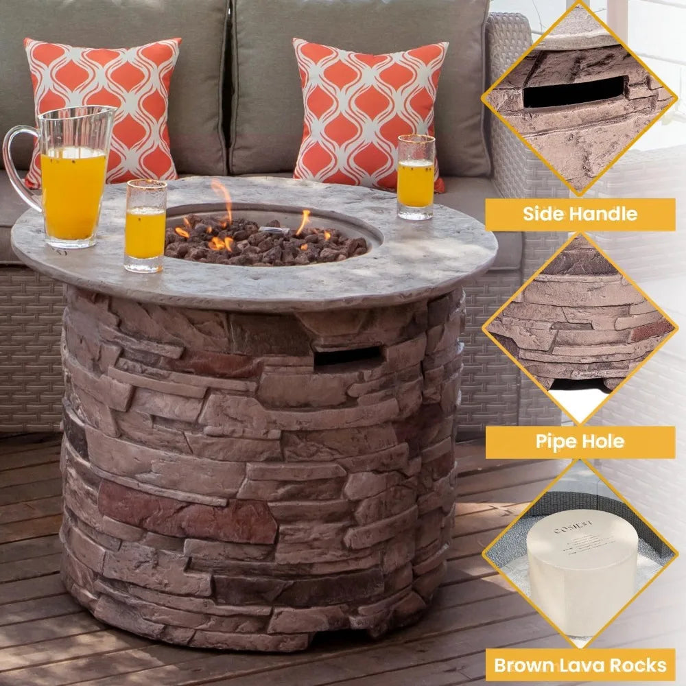 Outdoor Propane Concrete Fire Pit Table w/ Imitation Stone Surface 32-inch Round Fire Table, CSA Certified, 40,000 BTU Stainless
