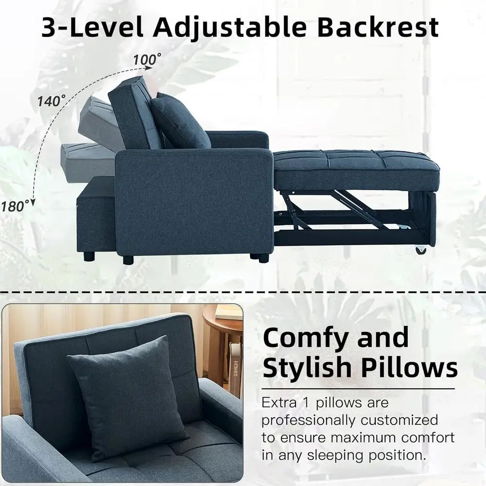 Convertible Sofa Bed with Reclining Backrest and Pull-Out Sleeper, 3-in-1 Blue Couch (35.6)