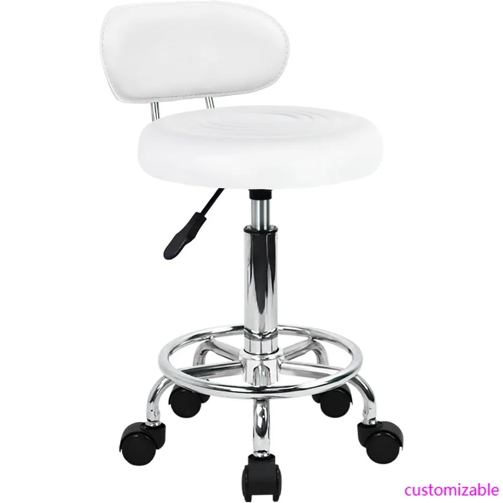 Modern PU Leather Rolling Swivel Chair with Adjustable Height and Footrest for Work, Salon, and Drafting (White)