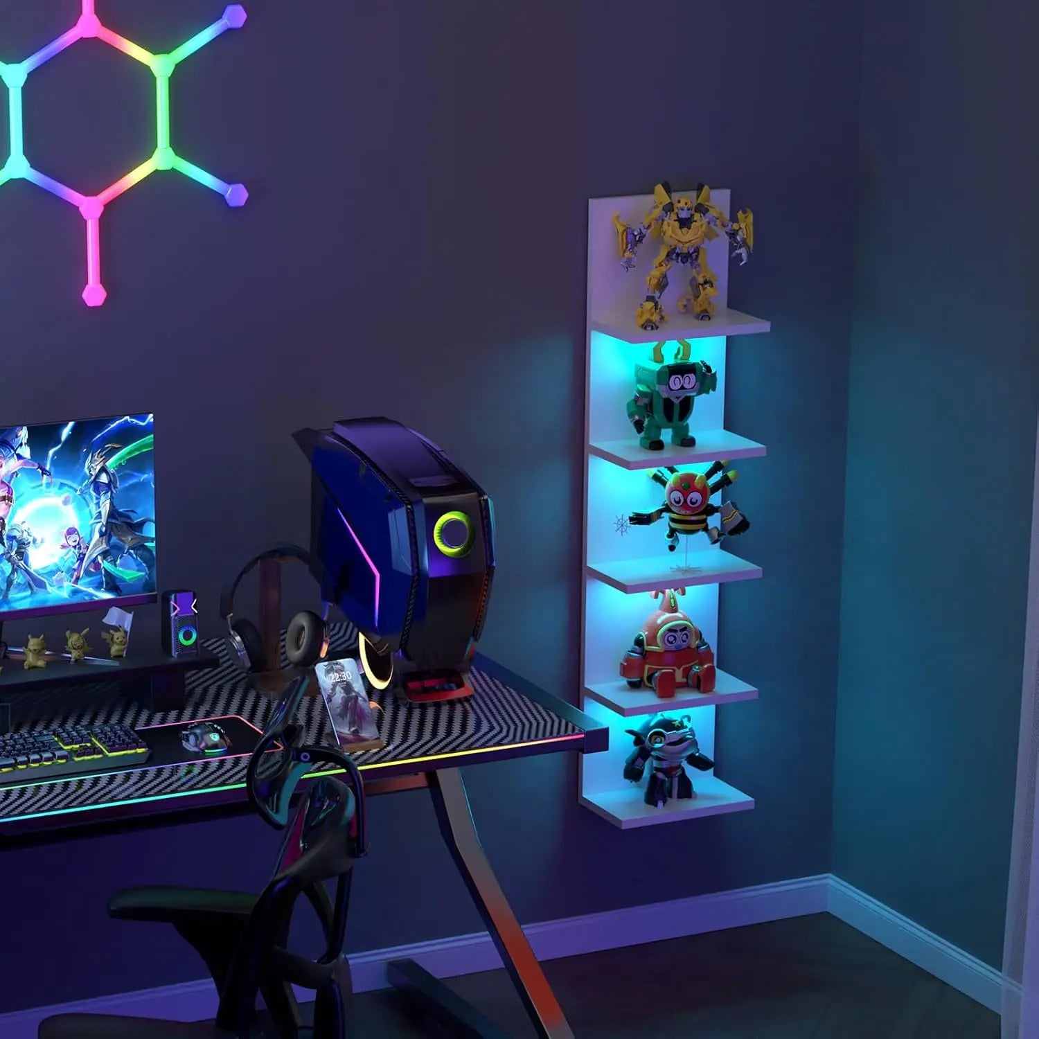 5-Tier Wall Shelf Unit with RGB Light, Floating Shelf for Wall Storage, Wall Mounted Vertical Display Shelf for Any Room