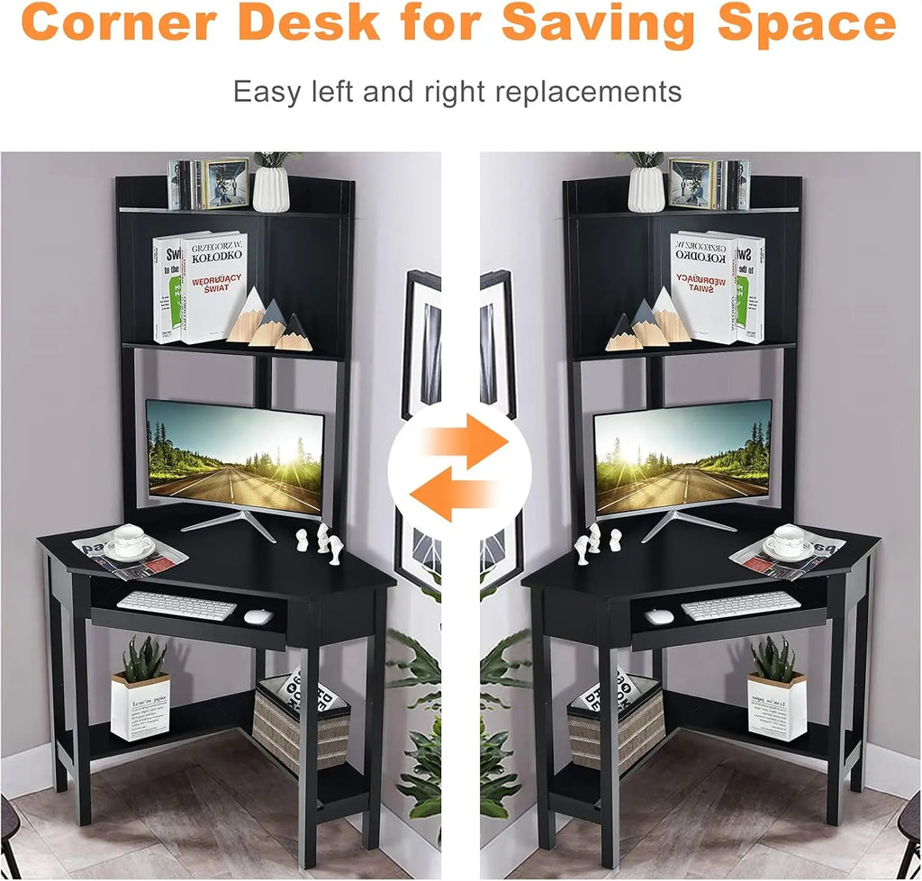 Corner Writing Desk with Hutch, 90 Degrees Triangle Small-Space Saving Computer Desk with Keyboard Tray & Bookshelves