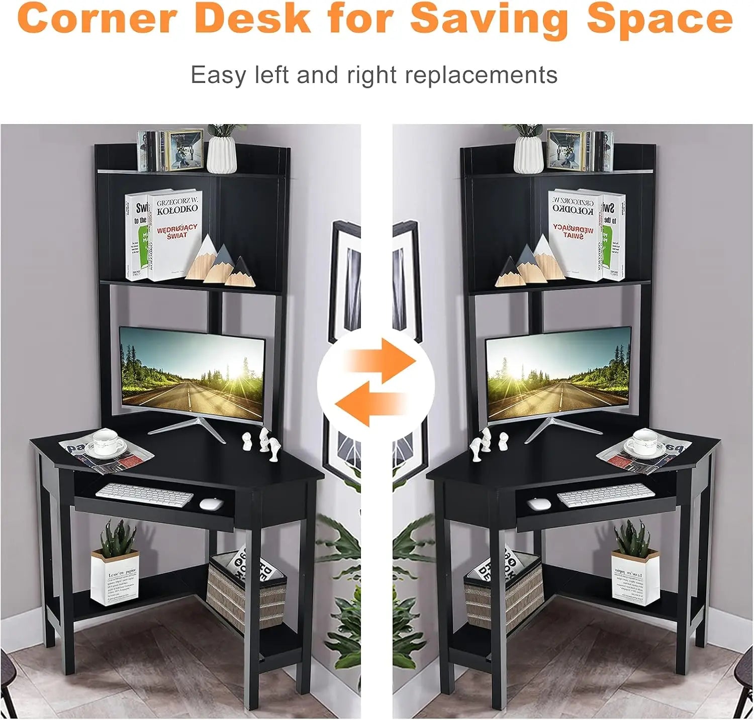 Corner Writing Desk with Hutch, 90 Degrees Triangle Small-Space Saving Computer Desk with Keyboard Tray & Bookshelves