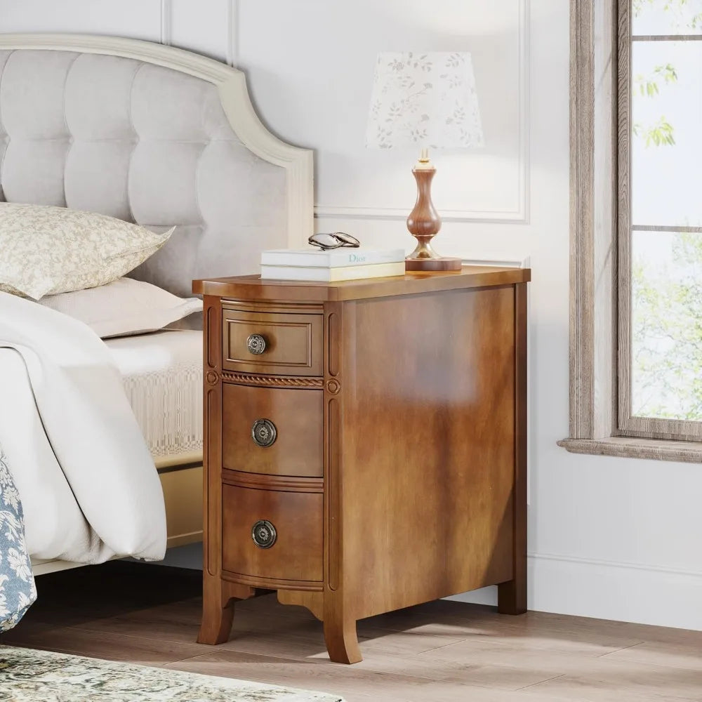 Solid Wood End Table, 3-Drawer Narrow Side Table Slim Chair Table for Living Room, Sofa Table with Drawers, Small Nightstand