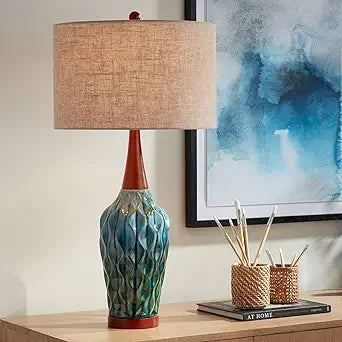 360 Lighting Rocco Mid Century Modern Table Lamp 30" Tall Ceramic Blue Teal Glaze Wood Handmade Linen Drum Shade