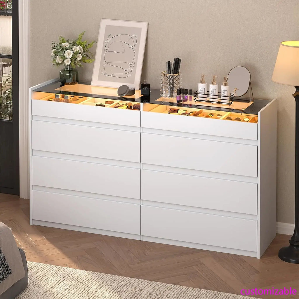 White 8 Drawer Dresser, Modern Chest of Drawers, Jewelry Dresser Display with Glass Top and LED Light