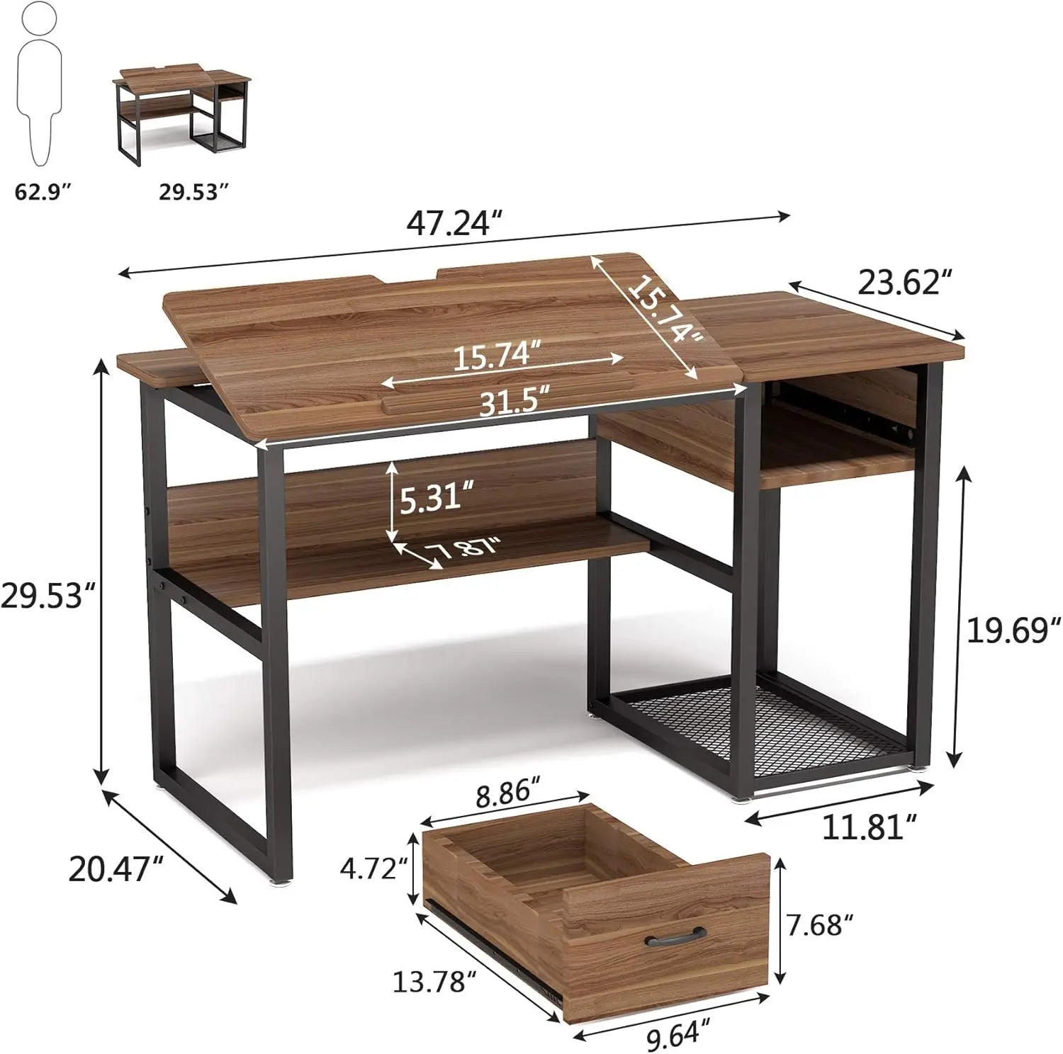 Drafting Table with Storage Drawers, Drawing, Computer Desk, Artist Craft Table, Painting, Workstation with Shelves & Tiltable