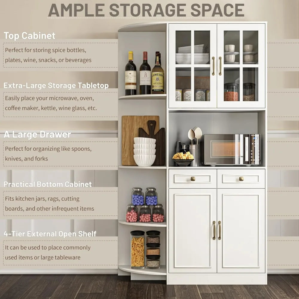71" Tall Corner Pantry Storage Cabinet with Charging Station, 40" wide Kitchen Hutch Cabinet with 4 doors and 2 Drawers, Farmhouse
