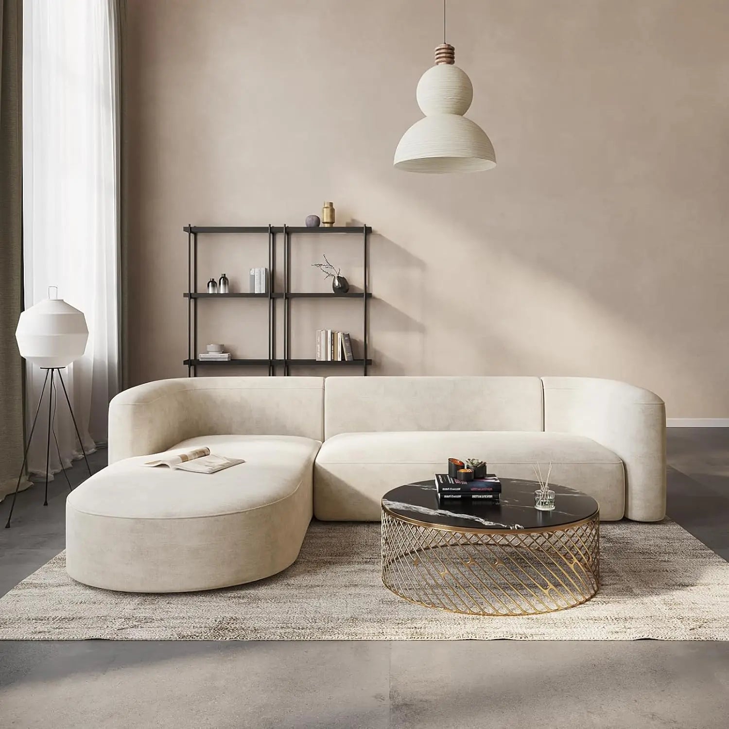 Luxury Modern Tight Curved Back Velvet Sofa, Minimalist Style/ Comfy Couch for Living Room/ Apartment, L-Shaped Sectional with Chaise