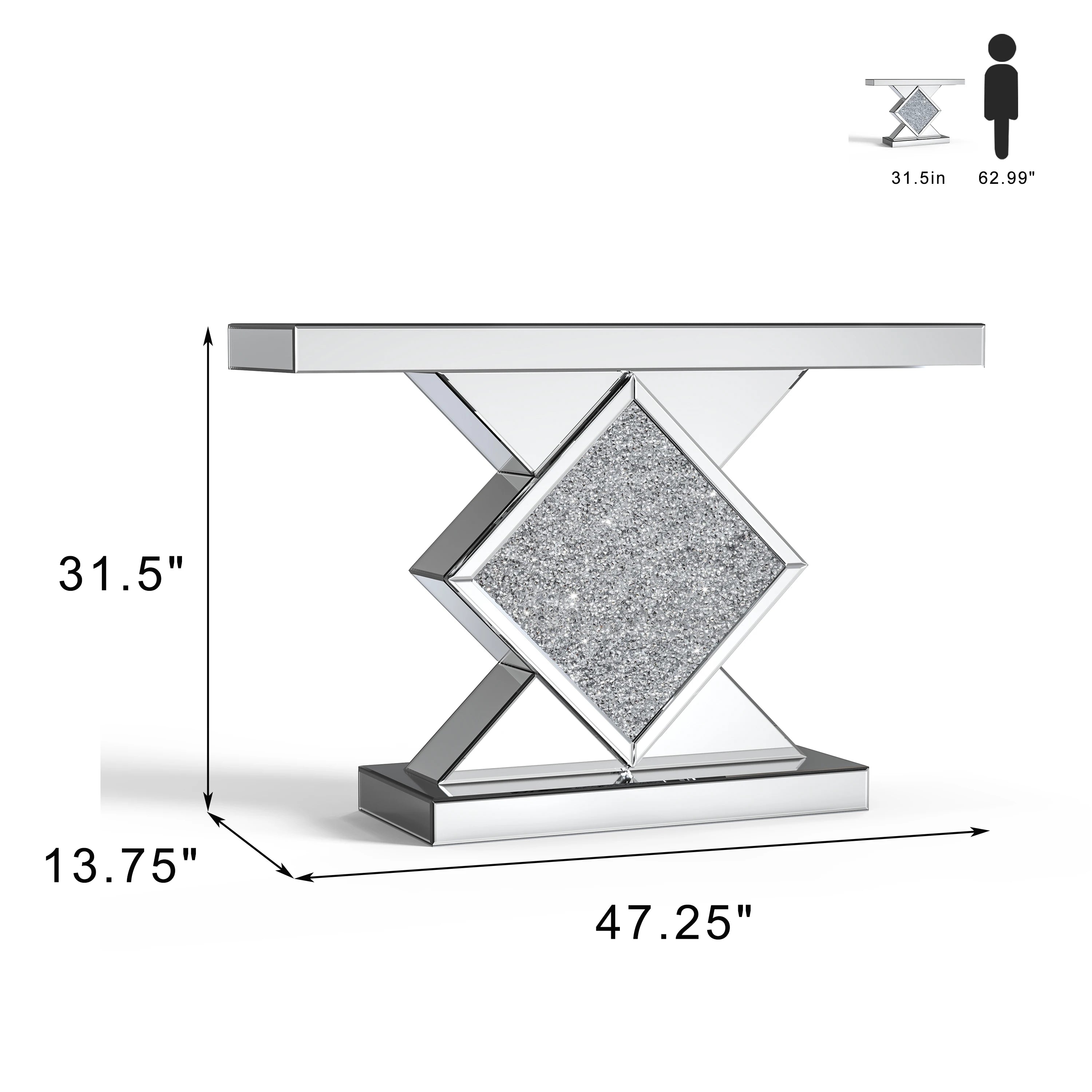 47.2'' Console Table Mirrored  with Diamond Shaped Long Accent Narrow Table/ Sofa Table Foyer Table